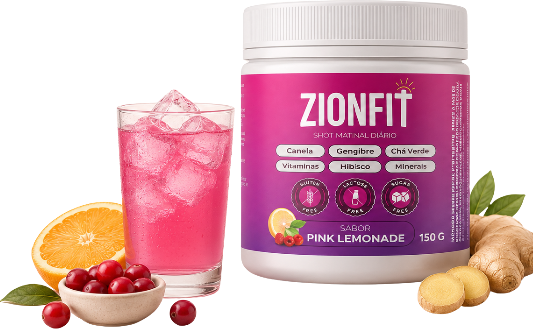 Pote Zion Shot Pink Lemonade ao lado de um copo com bebida rosa, laranja, cranberries e gengibre