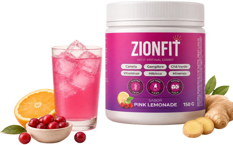 Pote Zion Shot Pink Lemonade ao lado de um copo com bebida rosa, laranja, cranberries e gengibre